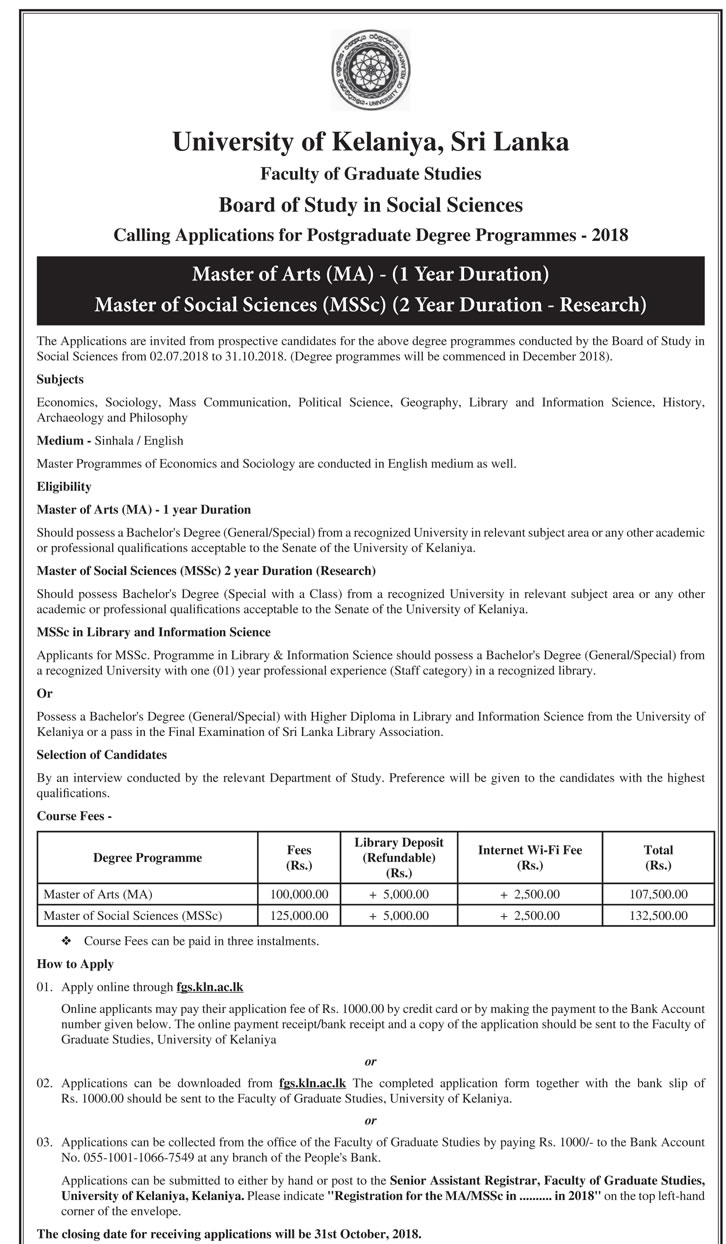 Master of Arts (MA), Master of Social Sciences (MSSc) - Faculty of Graduate Studies - University of Kelaniya